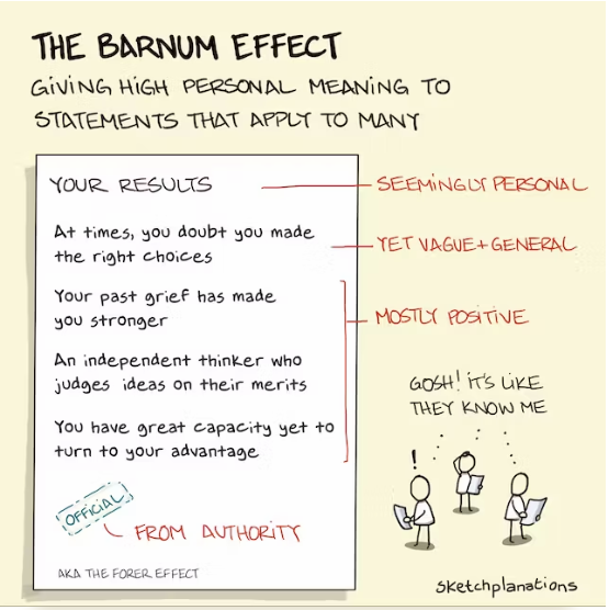 An explainer illustrating the Barnum Effect, where vague flatteries appear to be insightful about your personality