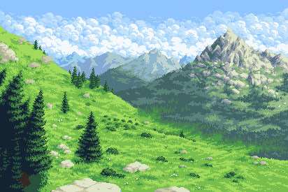 Pixel art of a bright green hillside with pine trees and boulders beneath a rocky mountain and a sea of clouds