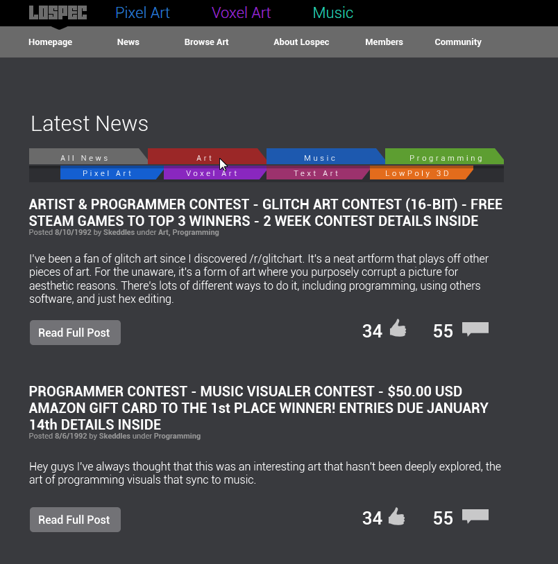 An early Lospec design mockup with tabs for pixel art, voxel art, and music, and a news feed of art contests