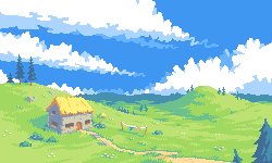 Pixel art of a thatched cottage on rolling green hills under big white clouds