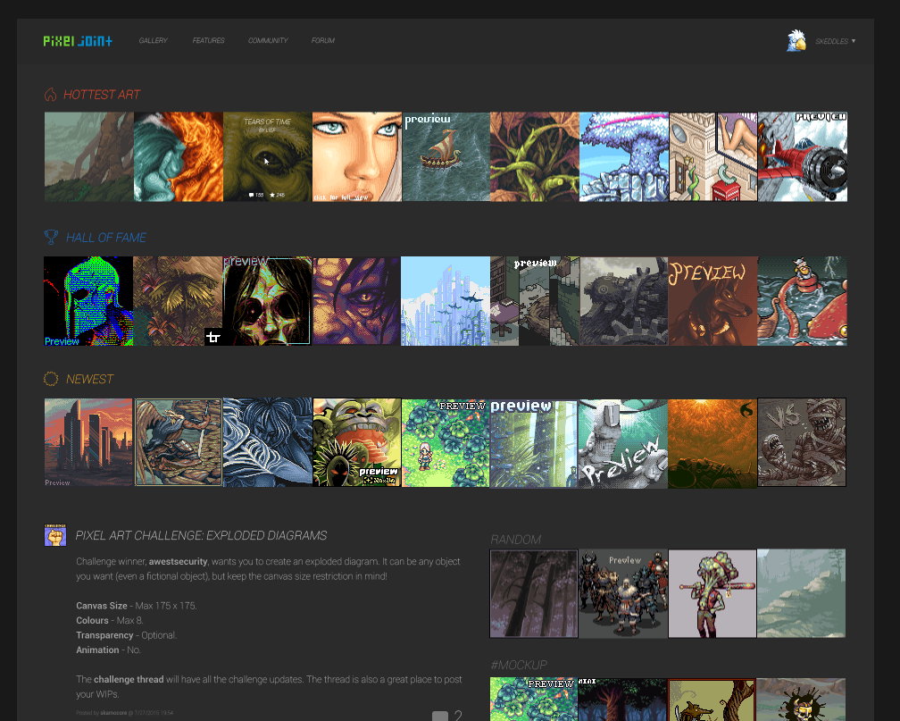 A dark, modern redesign mockup of PixelJoint with rows of hottest art, hall of fame, and newest pieces