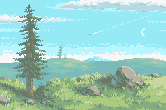 Pixel art of a lone pine on a grassy hill with boulders, a crescent moon and shooting star in a pale sky